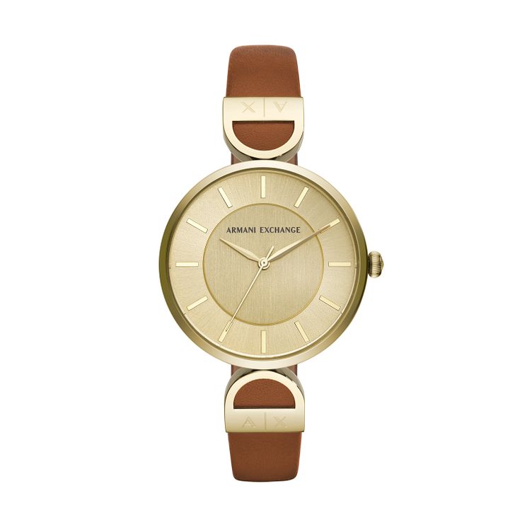 Armani Exchange BrownandGold Leather Strap Watch Gold Dial