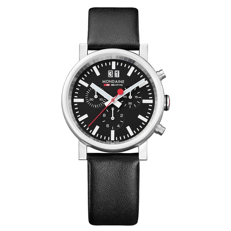 Mondaine Sbb Evo Chrono Black Leather Strap Watch