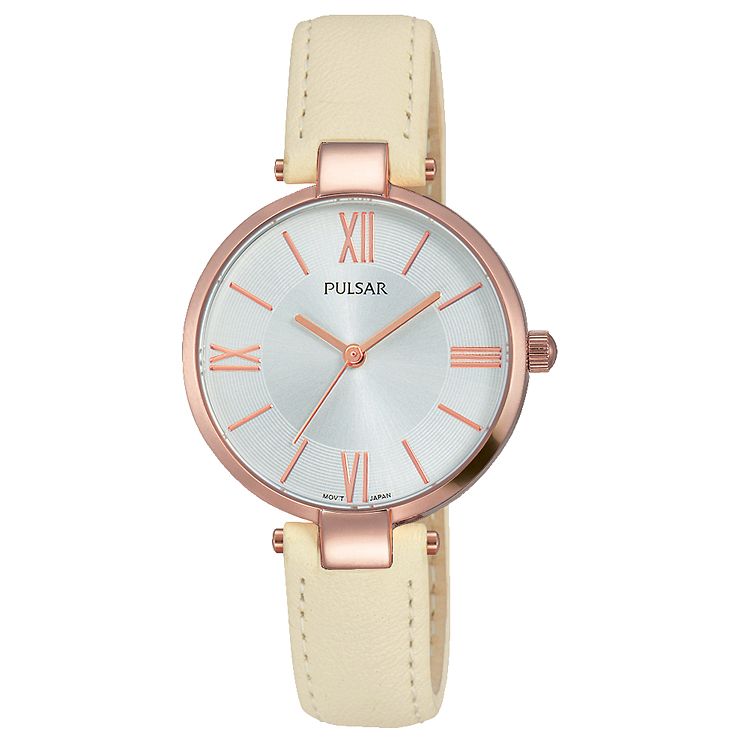 Pulsar Ladies Rose Gold Plated Cream Leather Strap Watch