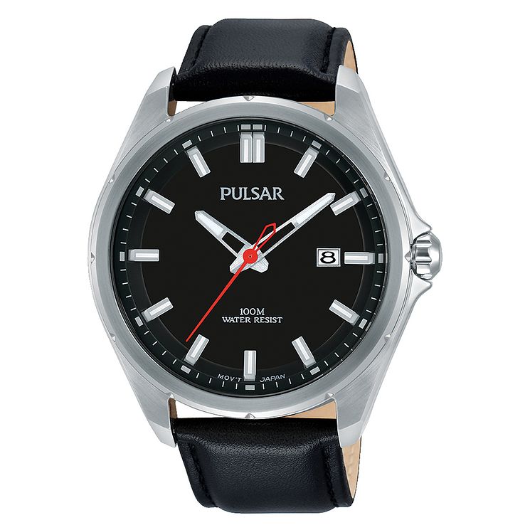 Pulsar Mens Black Dial Black Leather Strap Watch