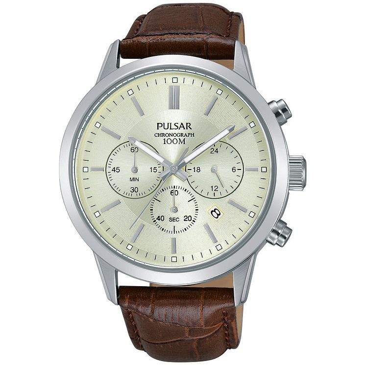 Pulsar Mens Brown Leather Strap Watch