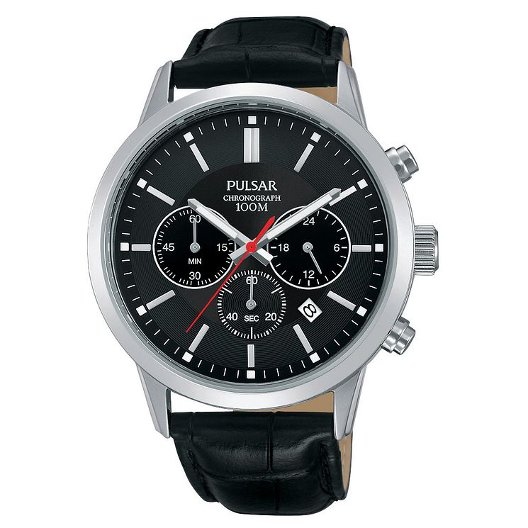 Pulsar Mens Chronograph Black Leather Strap Watch