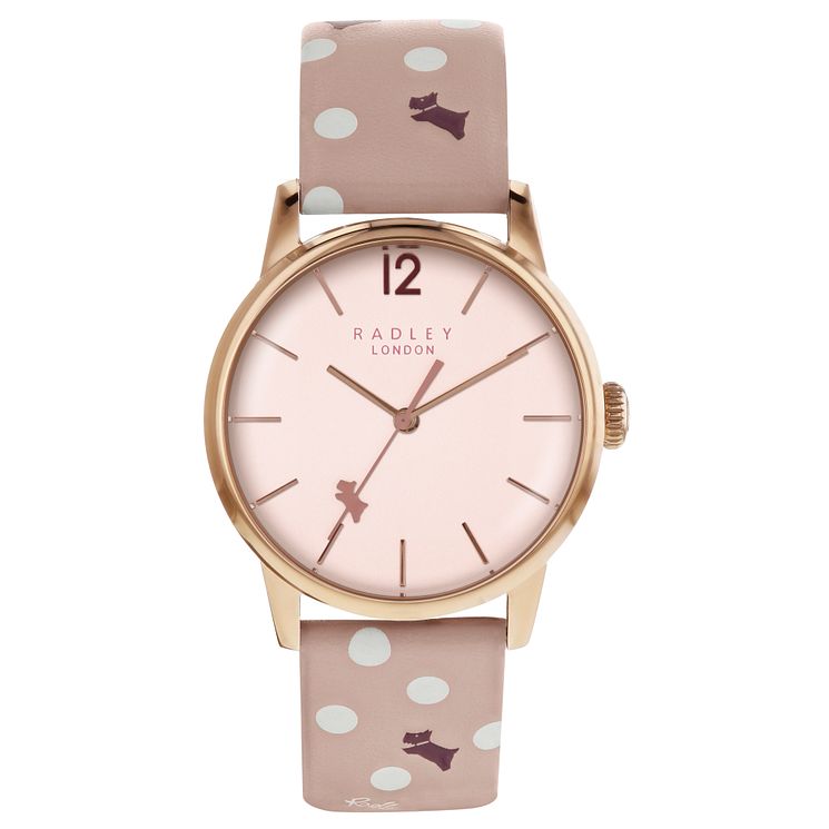 Radley Ladies Pink Spotted Dog Print Leather Strap Watch