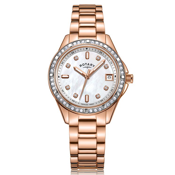 Rotary Crystal Set Ladies Rose Gold Tone Bracelet Watch