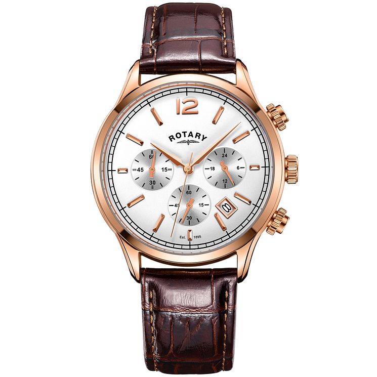 Rotary Mens White Multi Dial Brown Leather Strap Watch