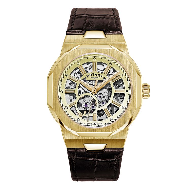 Rotary Regent Skeleton Mens Brown Leather Strap Watch