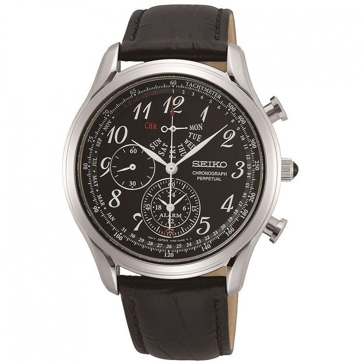 Seiko Chronograph Mens Black Leather Strap Watch