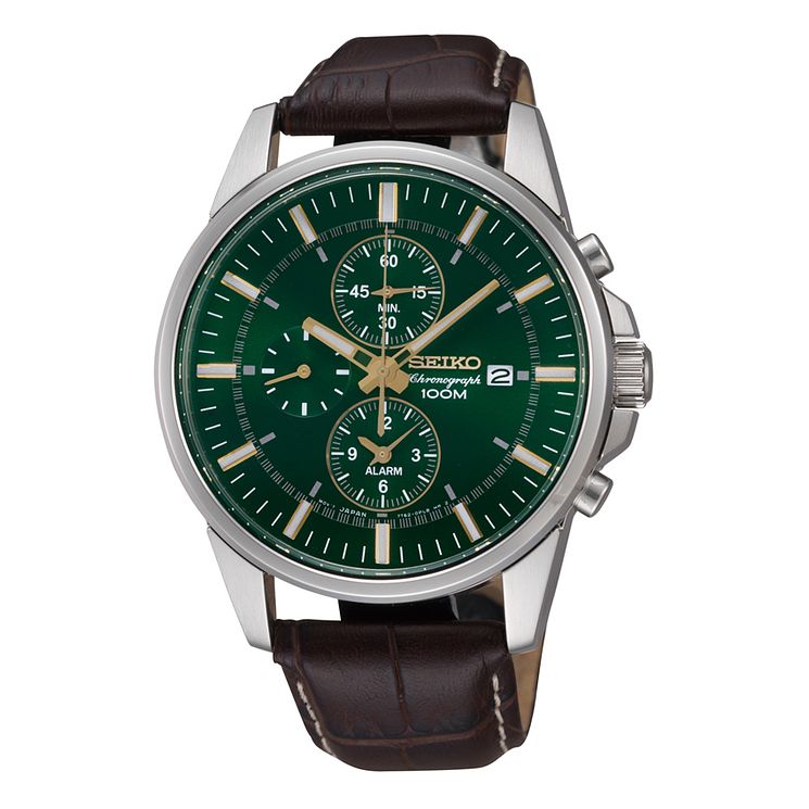 Seiko Mens Chronograph Green Dial Brown Leather Strap Watch