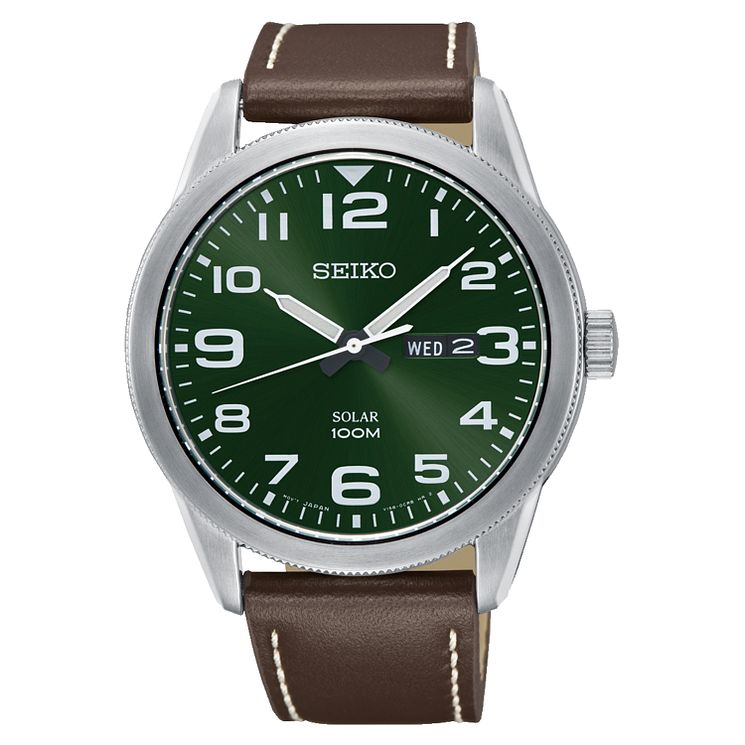 Seiko Mens Solar Green Dial Brown Leather Strap Watch