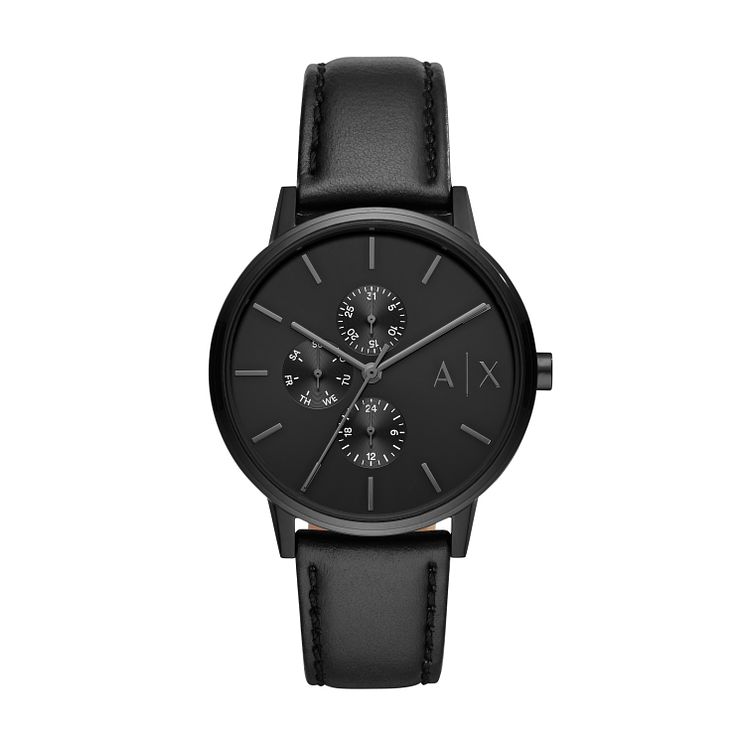 Armani Exchange Mens Black Dial Black Leather Strap Watch