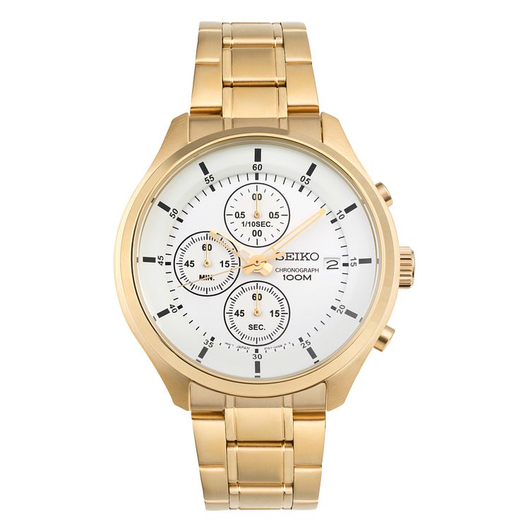 Seiko Mens White Chronograph Dial Gold Tone Bracelet Watch