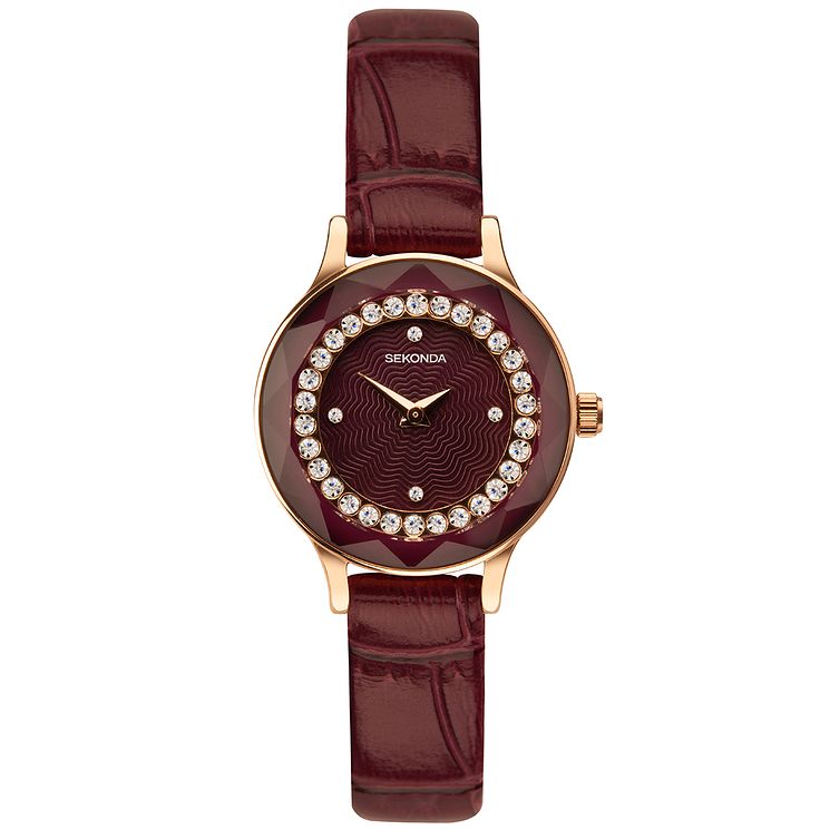 Sekonda Crystal Ladies Burgundy Leather Strap Watch