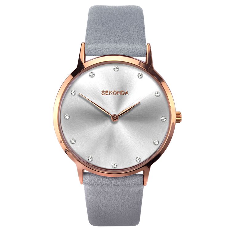 Sekonda Crystal Ladies Grey Pu Strap Watch