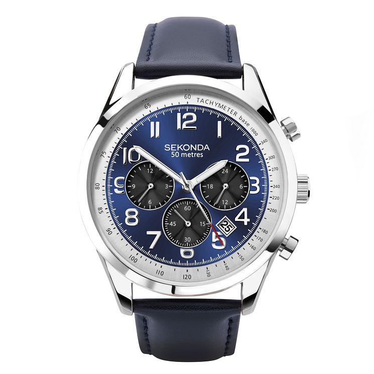 Sekonda Dual Time Mens Blue Leather Strap Watch