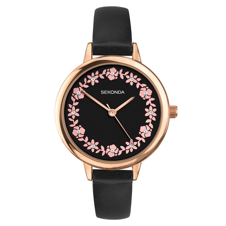 Sekonda Editions Floral Ladies Black Pu Strap Watch