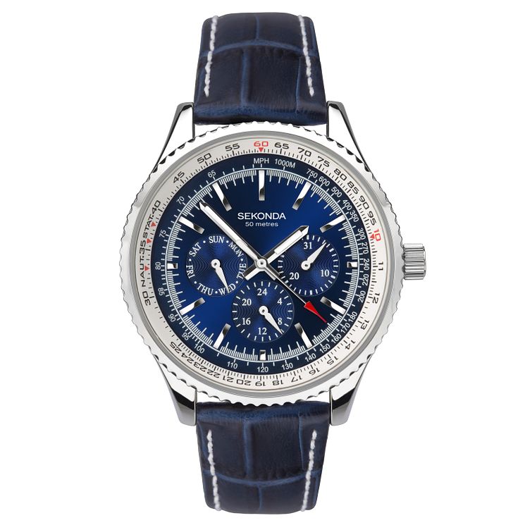 Sekonda Mens Multi-function Blue Leather Strap Watch