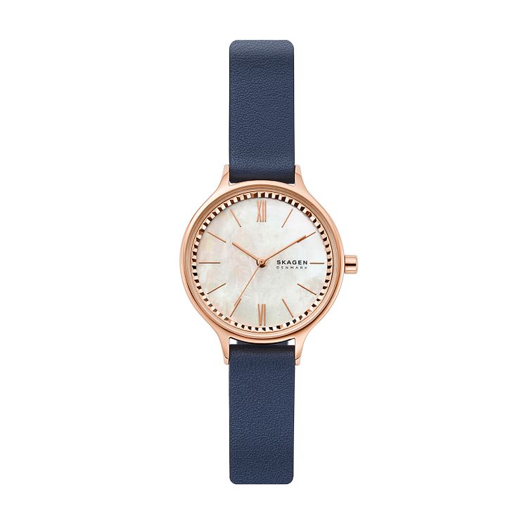 Skagen Ladies Mother Of Pearl Dial Blue Leather Strap Watch