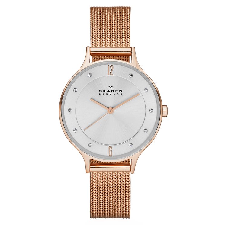 Skagen Ladies White Dial Rose Gold-plated Bracelet Watch
