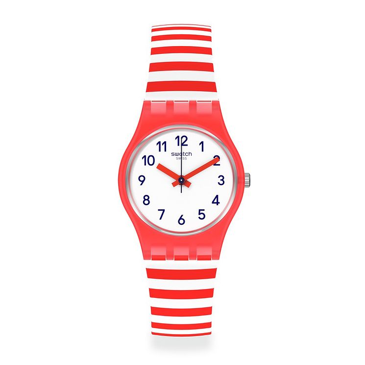 Swatch Blue Boat Ladies Red Stripe Silicone Strap Watch