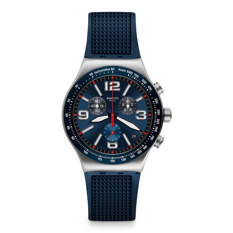 Swatch Blue Grid Unisex Blue Rubber Strap Watch