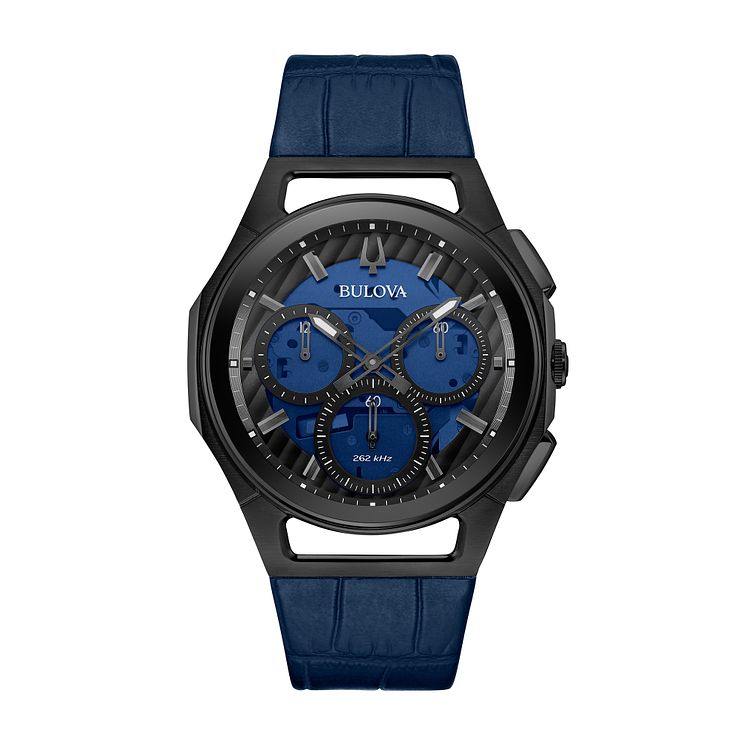Bulova Curv Mens Blue Leather Strap Watch