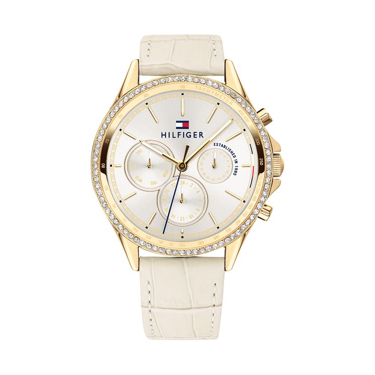 Tommy Hilfiger Ladies Silver Dial Cream Strap Watch