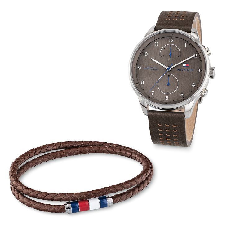 Tommy Hilfiger Mens Brown Leather Strap Watch Gift Set