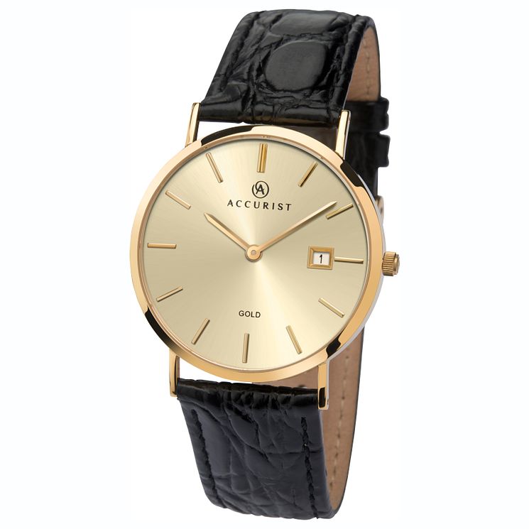 Accurist 9ct Gold Case Black Leather Strap Watch