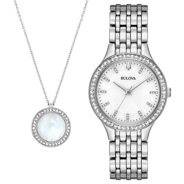 Bulova Ladies Stainless Steel Crystal WatchandNecklace Set