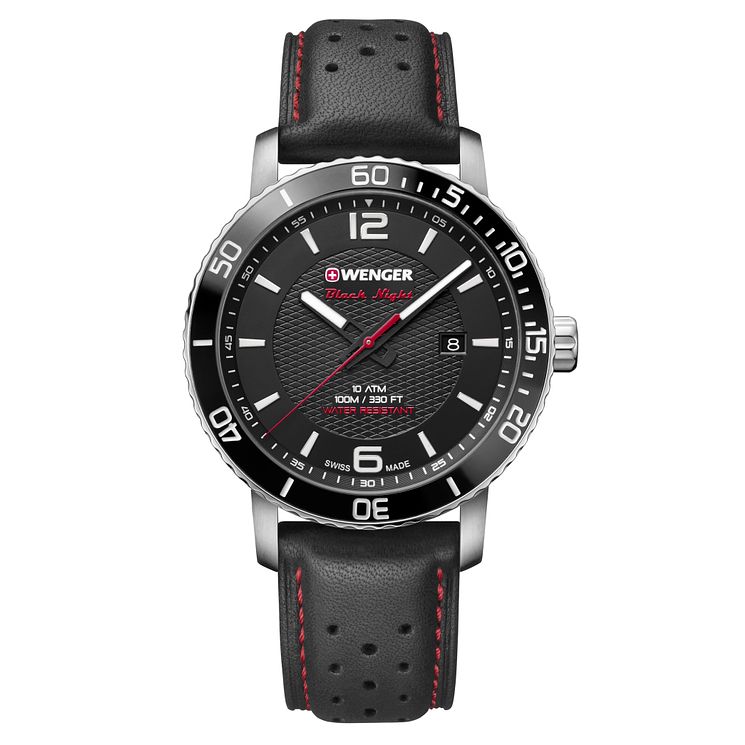 Wenger Roadster Black Night Mens Black Leather Strap Watch