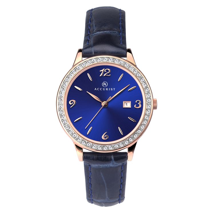 Accurist Crystal Ladies Blue Leather Strap Watch