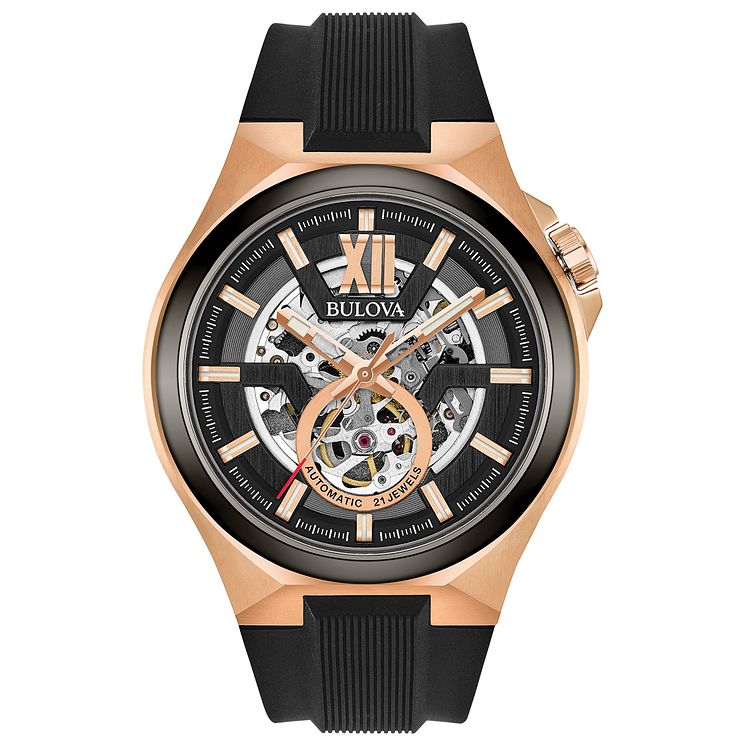 Bulova Mens Classic Automatic Rose Gold Black Strap Watch