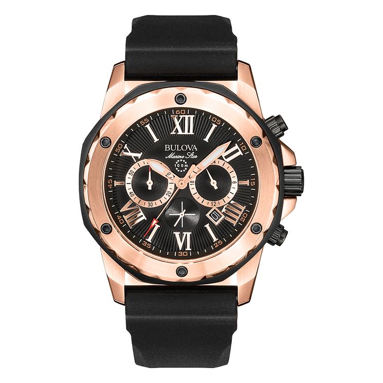 Bulova Mens Marine Star Rose Gold Plated Black Strap Watch