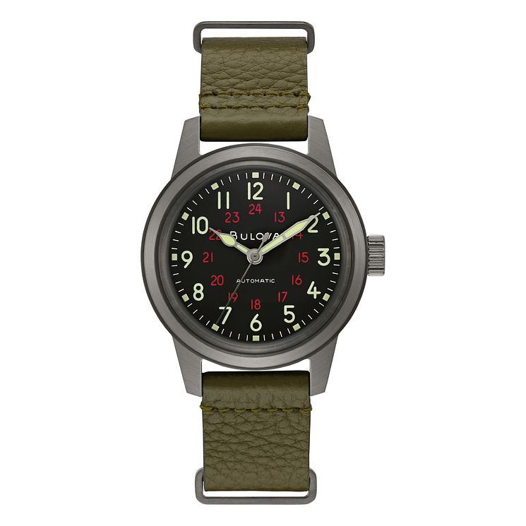 Bulova Military Hack Mens Green Leather Strap Watch