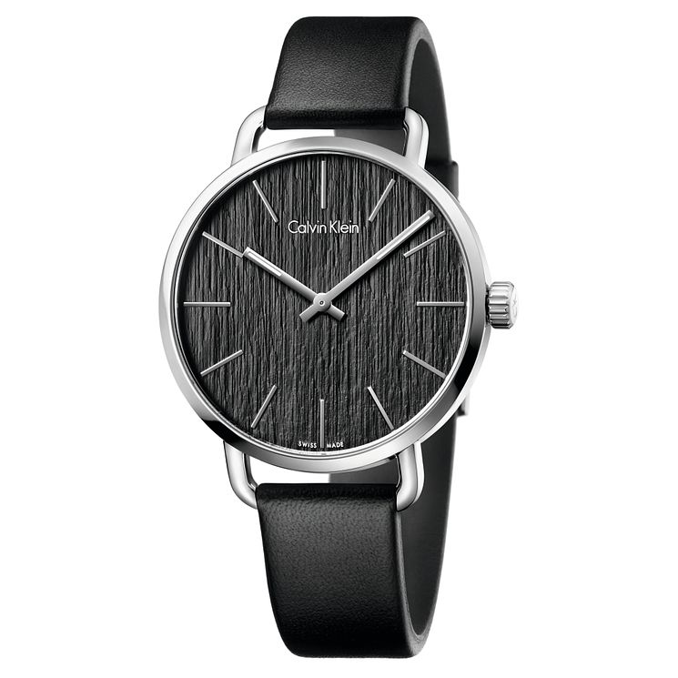 Calvin Klein Even Mens Black Dial Black Leather Strap Watch