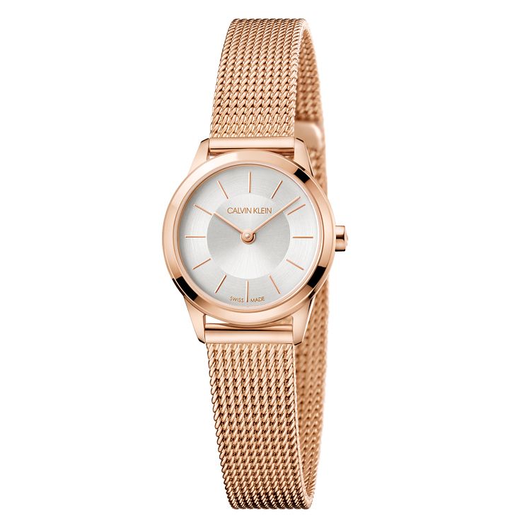 Calvin Klein Minimal Ladies Rose Gold Pvd Mesh Strap Watch