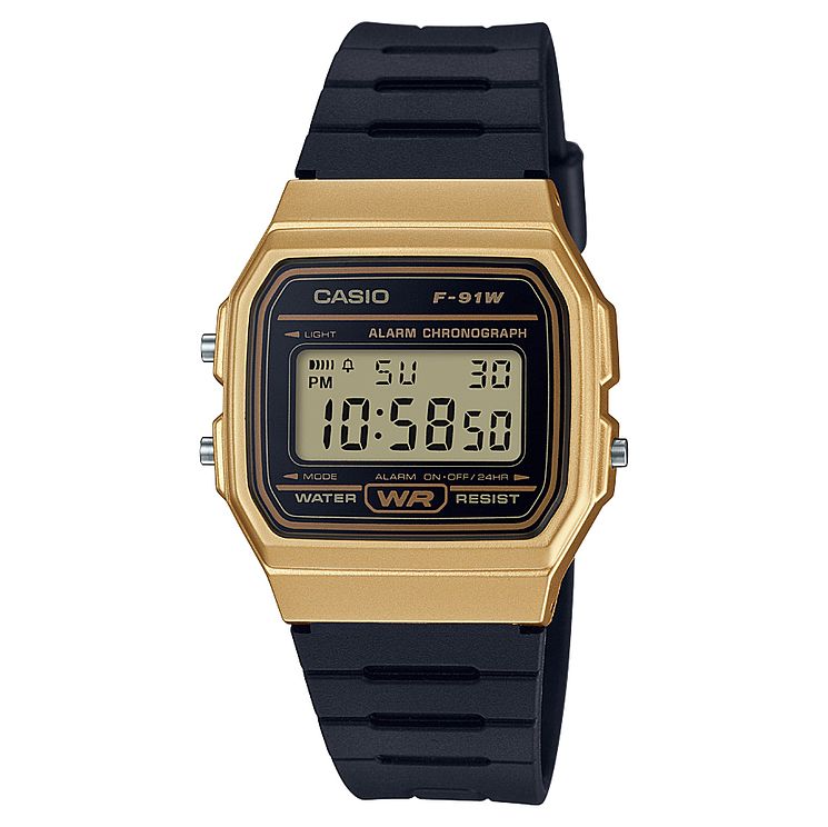 Casio Mens Black Resin Strap Gold Case Digital Watch