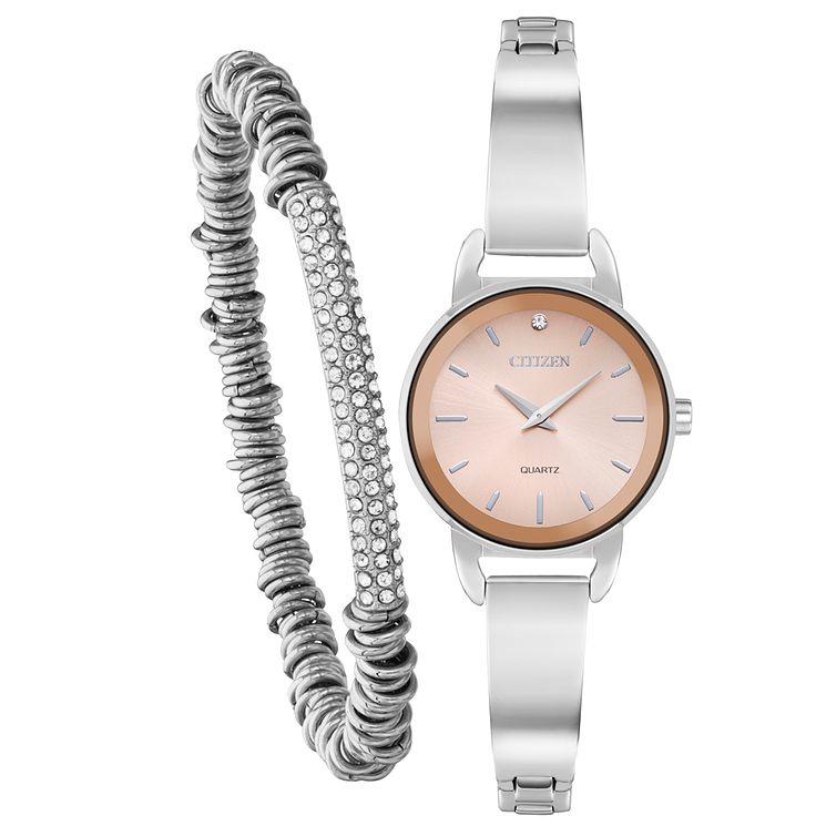 Citizen Ladies Quartz Pink Dial Watch And Bracelet Set
