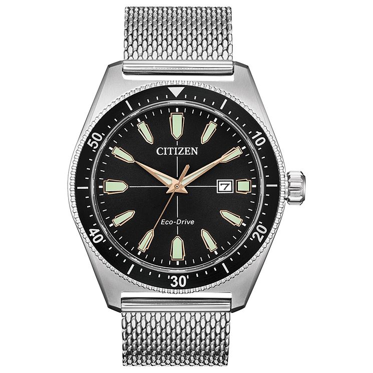 Citizen Mens Black Dial Stainless Steel Mesh Bracelet Watch