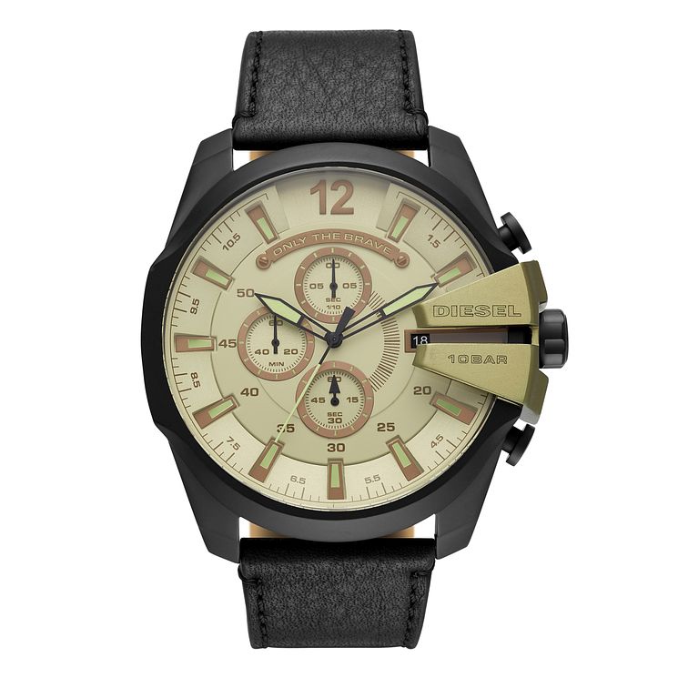 Diesel Mega Chief Mens Black Leather Strap Watch