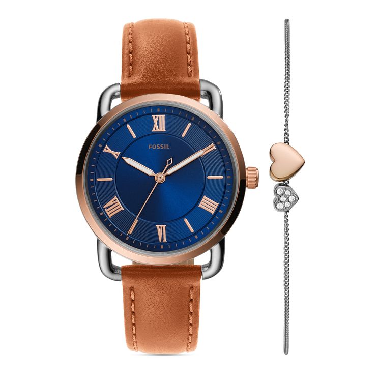 Fossil Ladies Brown Leather Strap WatchandBracelet Gift Set