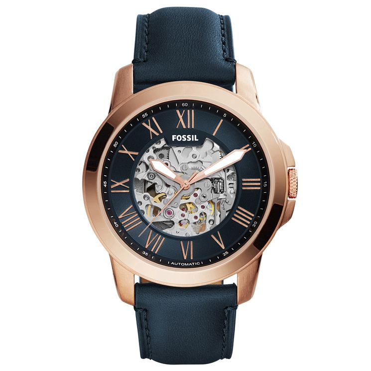 Fossil Mens Automatic Blue Leather Strap Watch