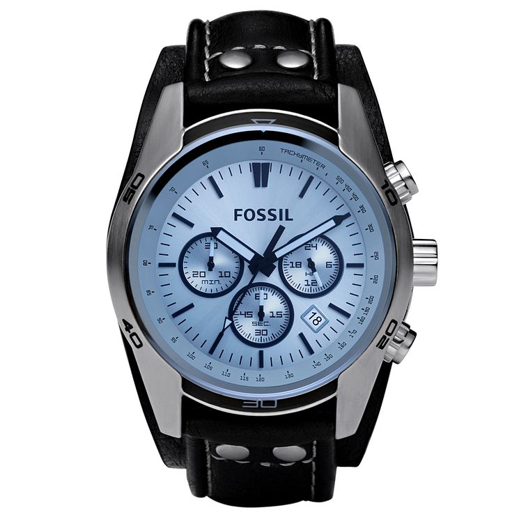 Fossil Mens Chronograph Black Leather Cuff Watch