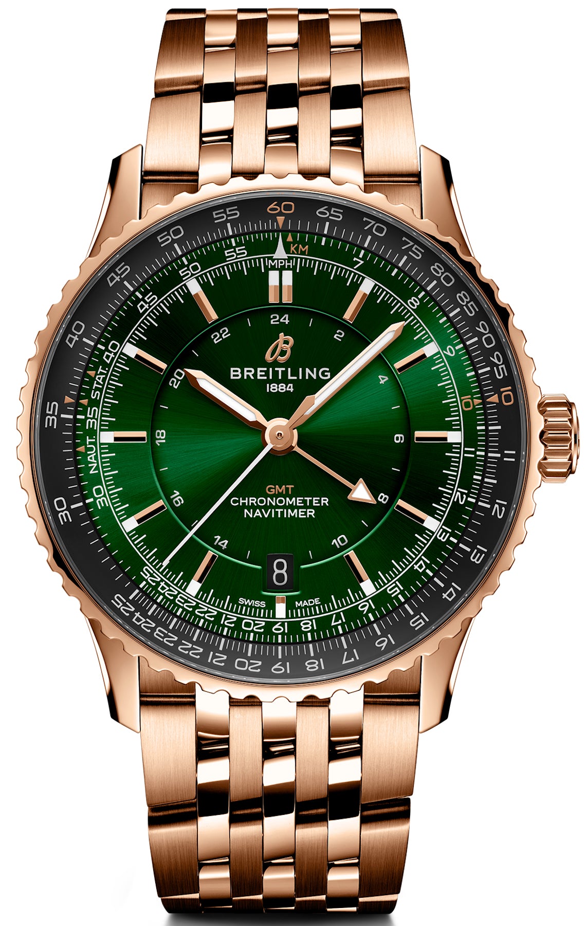 Breitling Navitimer Gmt 41 Green 18k Red Gold Bracelet