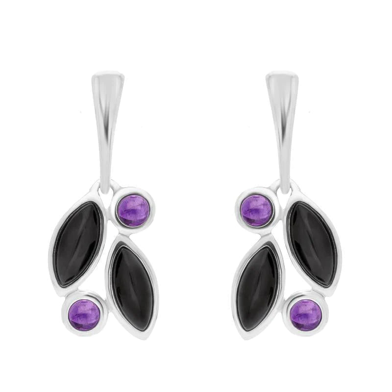Sterling Silver Amethyst Whitby Jet Drop Stud Earrings - Silver