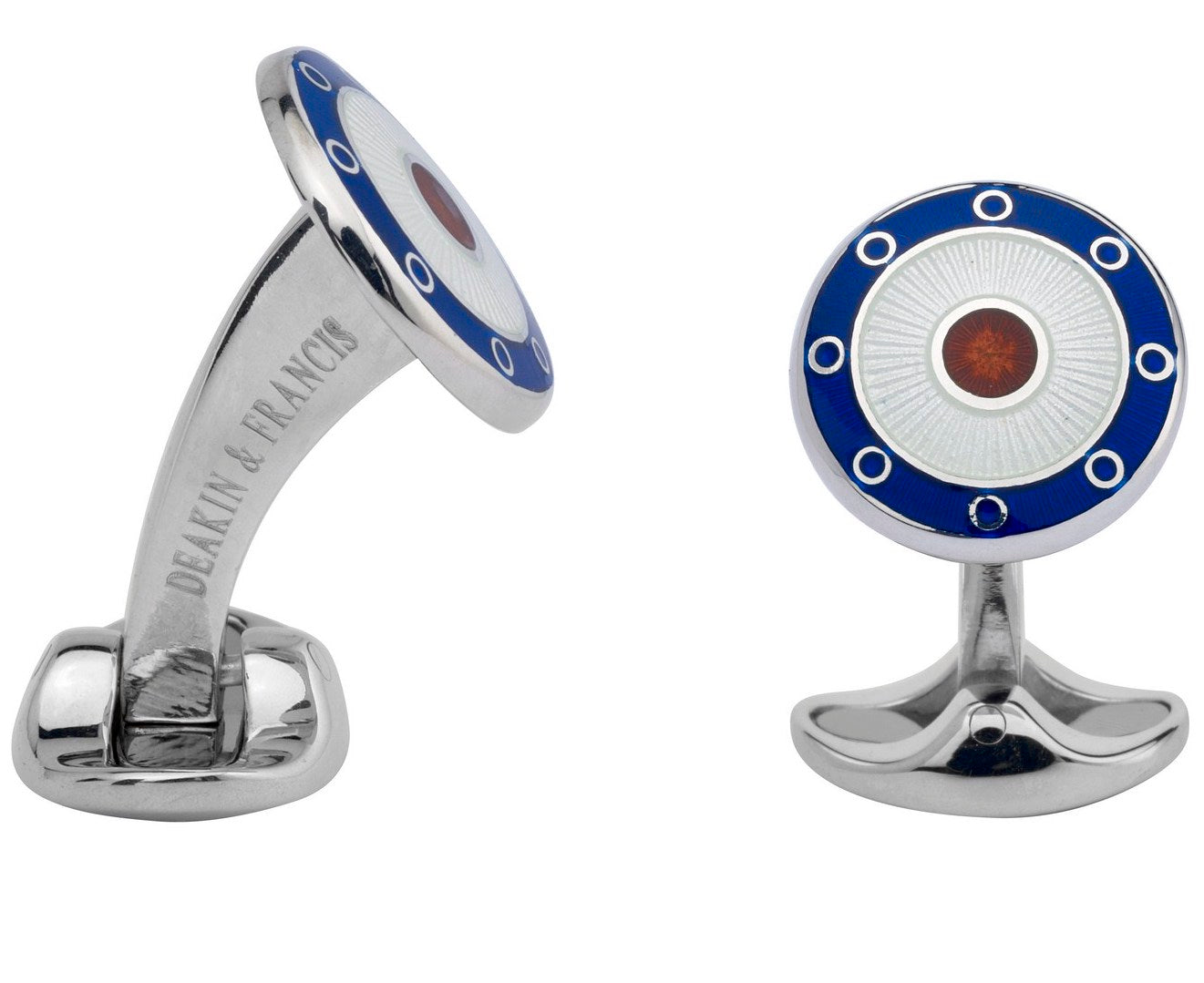 Deakin & Francis Cufflinks Sterling Silver Round Navy Blue Clear Red Enamel - Silver