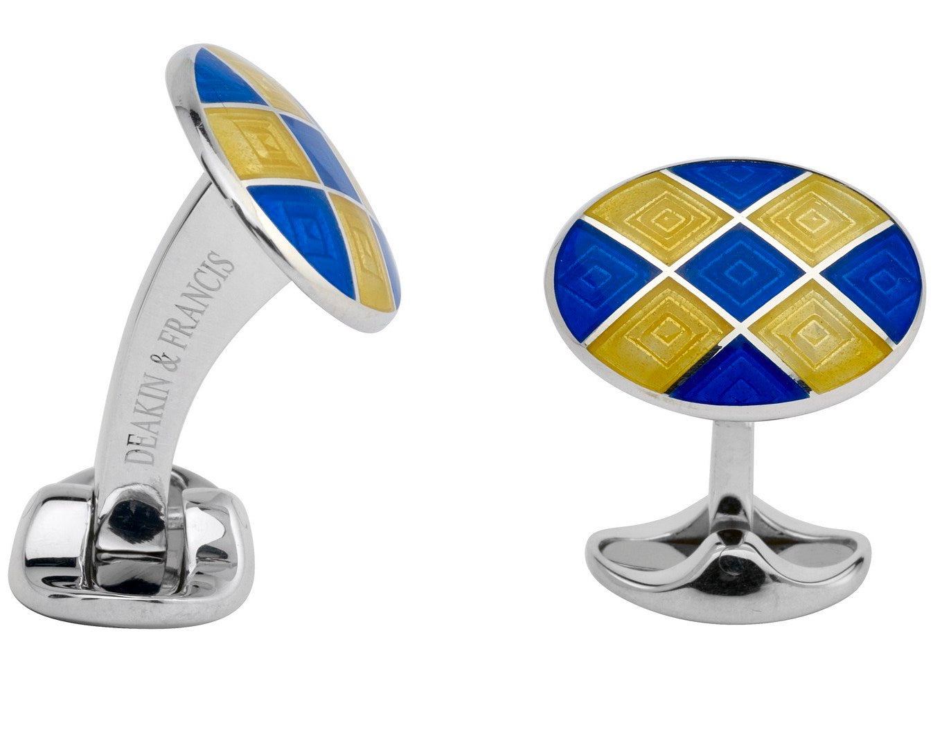 Deakin & Francis Cufflinks Sterling Silver Royal Blue Bright Yellow Patterened Enamel - Silver
