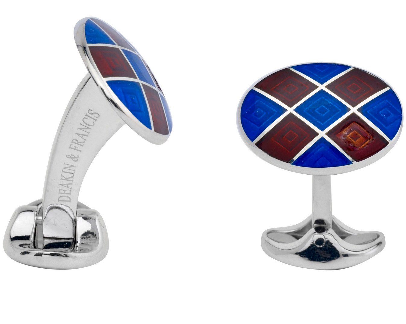 Deakin & Francis Cufflinks Sterling Silver Royal Blue Maroon Red Patterened Enamel - Silver