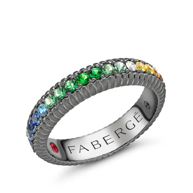 Faberge 18ct White Gold Black Rhodium Plated Multicoloured 5mm Fluted Band Ring - 56