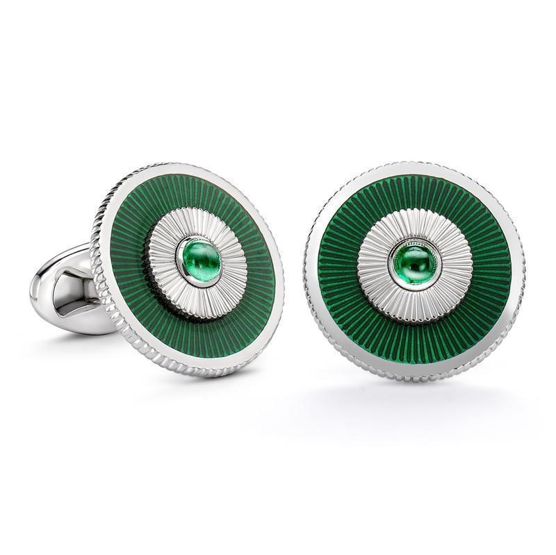 Faberge 18ct White Gold Emerald Green Enamel Cufflinks - Gold